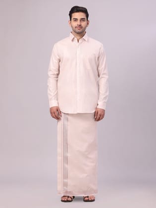 Mens Almond Tissue Shirt and Dhoti Set with Intricate Jacquard Border Plum-36 / H/S / Almond