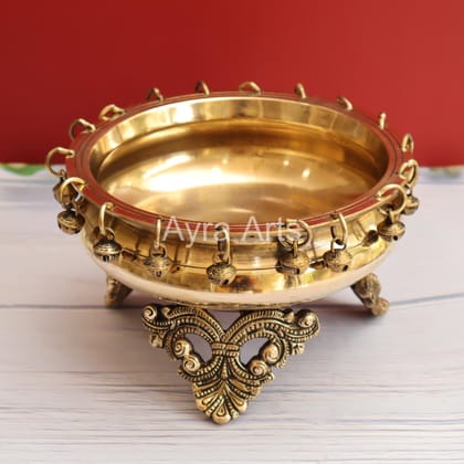 Brass Ghungroo Urli with Stand Traditional bowl for flower decoration - 8 Inch Length Brass Ghungroo Urli with Stand Traditional bowl for flower decoration - 8 Inch Length