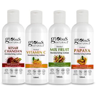 Globus Naturals Body Lotion Combo Set of 4 Kesar Chandan Vitamin C Mix Fruit Papaya Body Lotion For NonGreasy Lightweight Body Moisturizer for Women Men All Skin Types
