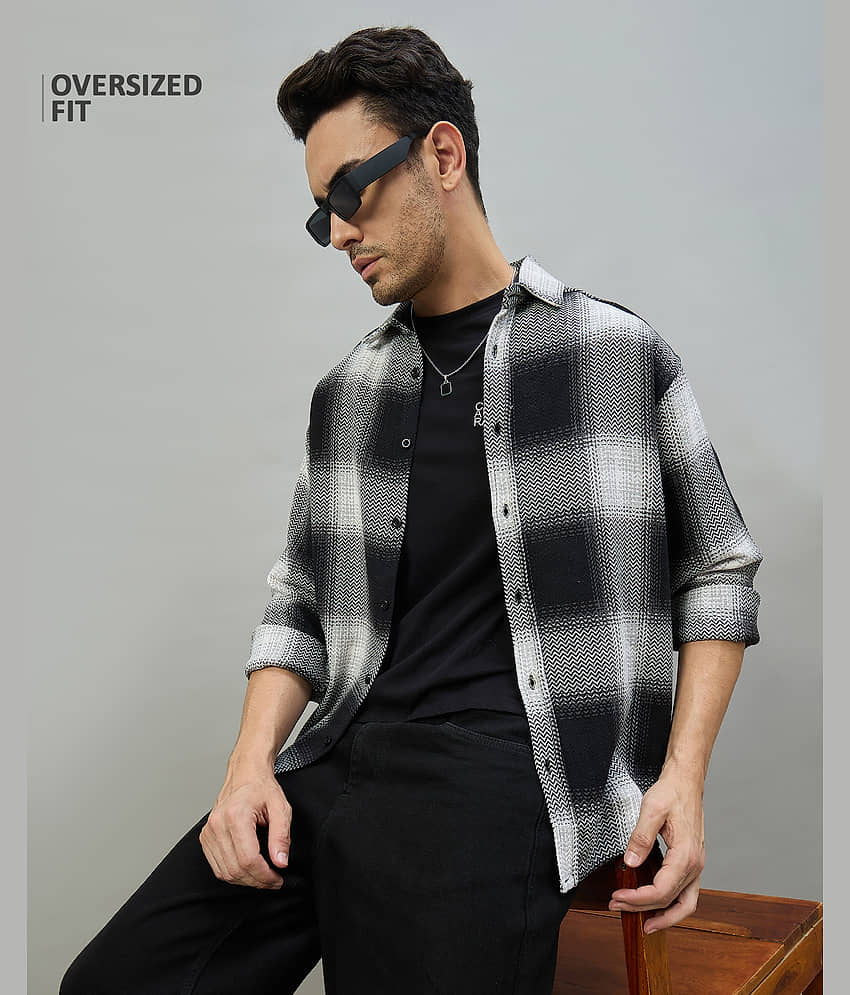 Chimpaaanzee Cotton Blend Oversized Fit Checks Full Sleeves Men's Casual Shirt - Black ( Pack of 1 )