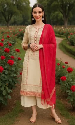 Women's Cream Chanderi Printed Kurta Set