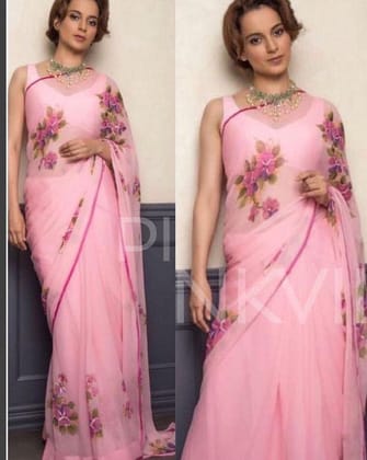 LIGHT PINK FLOWER PRINTED LINEN DIGITAL PRINTED SAREE  1529