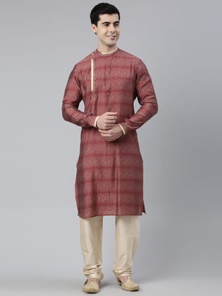 Maroon Harring Bone Block Printed Kurta Set-Made To Measure / Only Kurta - No Lowers