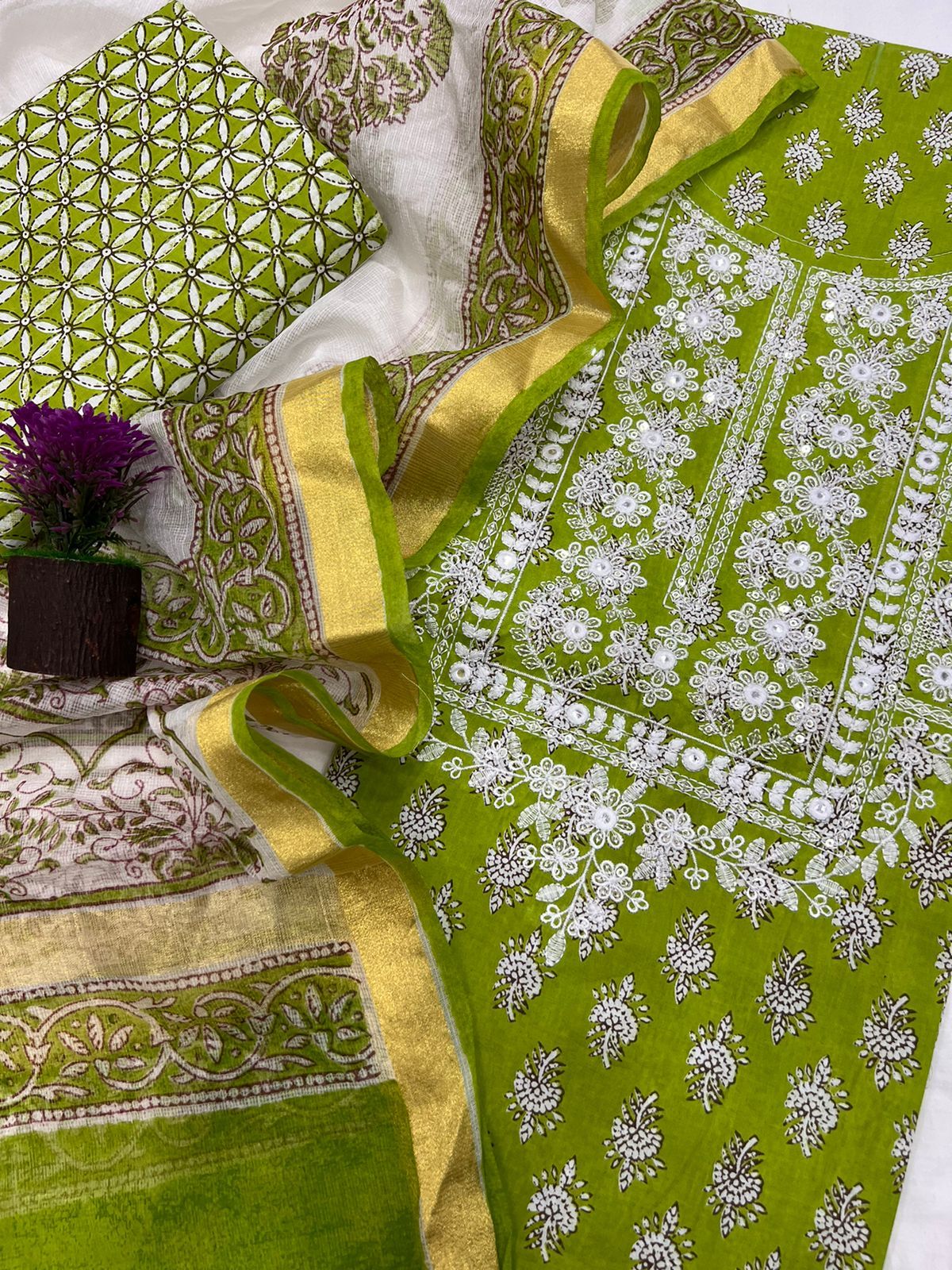 Cotton Work Suit With Kota Silk Dupatta