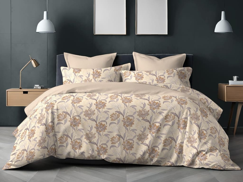 Alangrahaa Nira 140 TC 100% Cotton Flat Bedsheet for Double Bed, Queen Size Bed Sheet,1 Flat Sheet (2.29"x2.5") & 2 Pillow Covers (46cm x68cm) Bedding Soft Pastel Botanical Print