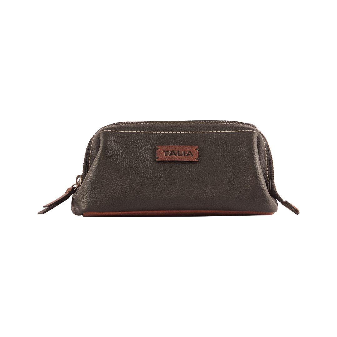 Talia  A Genuine Leather Top Zippered Framed Leather Utility Pouch.