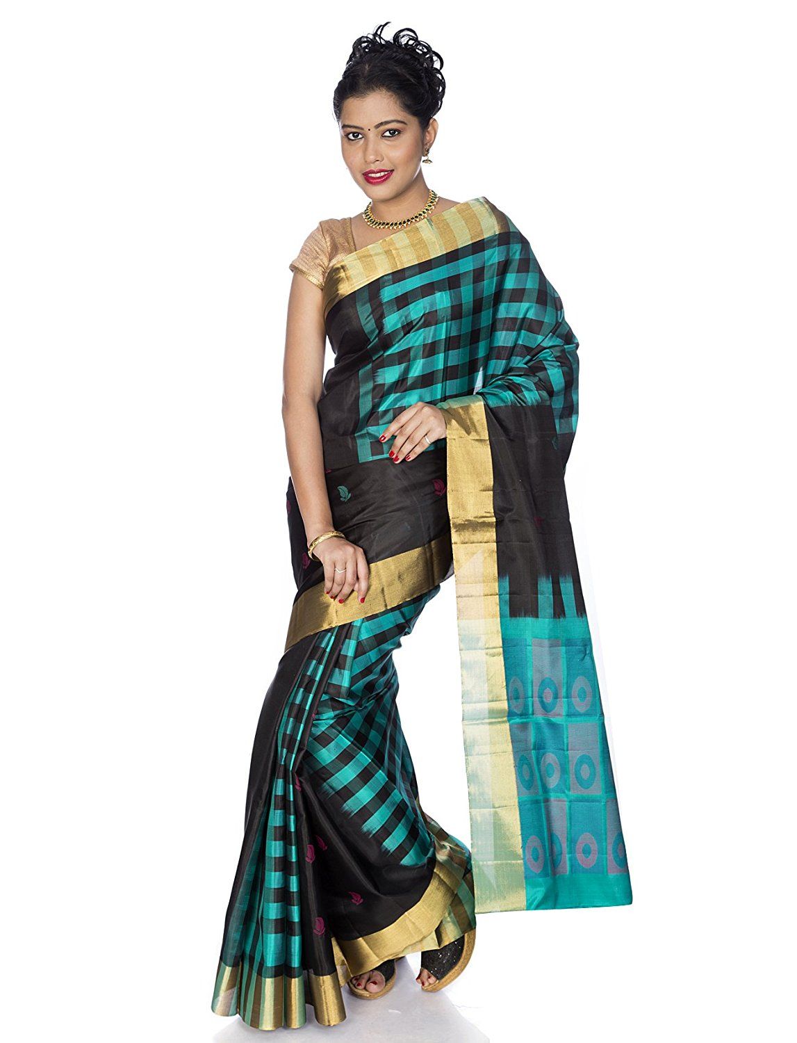 Black Kanchipuram Silk Saree with Gold border + Checks design