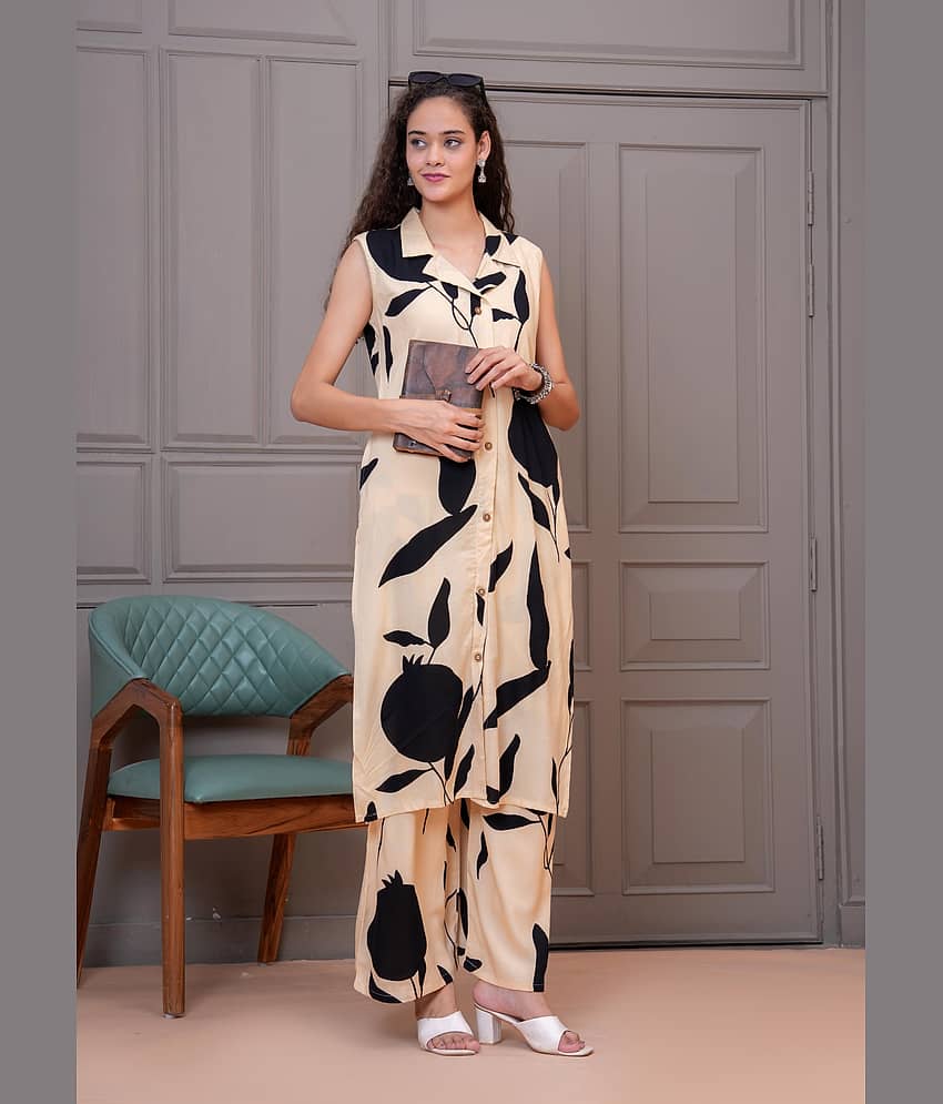 HIGHLIGHT FASHION EXPORT Women Rayon Printed A-line Kurti With Palazzo ( Beige )
