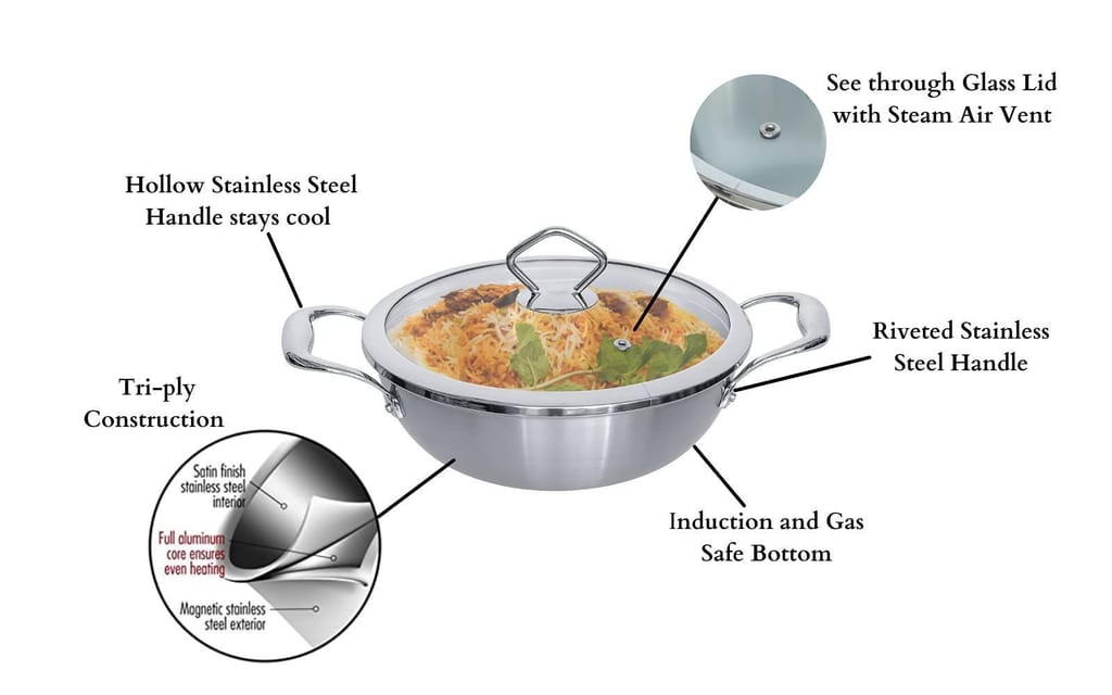 Femora Stainless Steel Tri-ply Deep Frying Kadhai Pan with Zero Non-Stick Coating with Glass Lid (Silver, 26 cm Capacity 3.2 L )