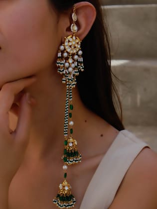Emine Green Kundan Jhumki Earrings-Green