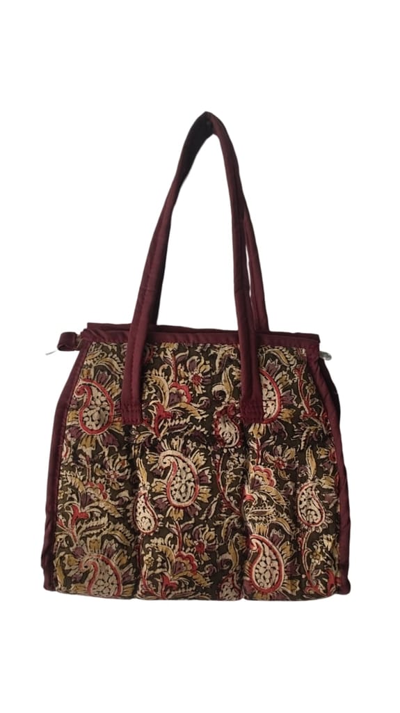 KALANKARI Handcrafted Quilted Cotton Tote Bag with Paisley Print and Maroon Trim