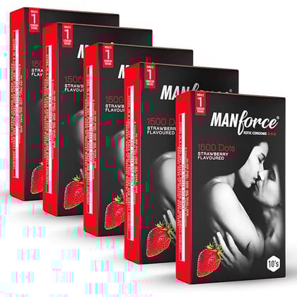 Manforce Xotic Strawberry Flavoured Condoms for Men | 50 pcs | Extra Dotted & Lubricated Latex Condoms | For Enhanced Pleasure of Both| Indias No. 1* Condom Brand for Safe Sex