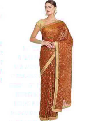 Queenley Chiffon Embroidered Saree Without Blouse Piece ( Orange )