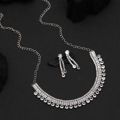White Color Stone Necklace Set (STN205WHT)-Adjustable Chain / White / Alloy With Good Quality Silver Plated