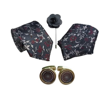 VOICI France Men's Self-design necktie pocket square and cufflink combo gift set Grey color free size Silver