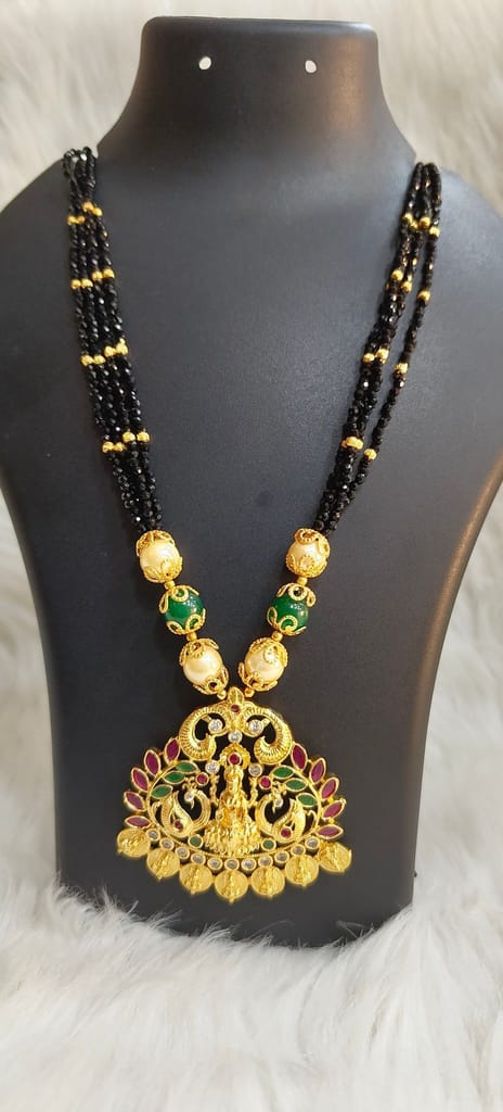 Black Beads Necklace with Golden Pendant