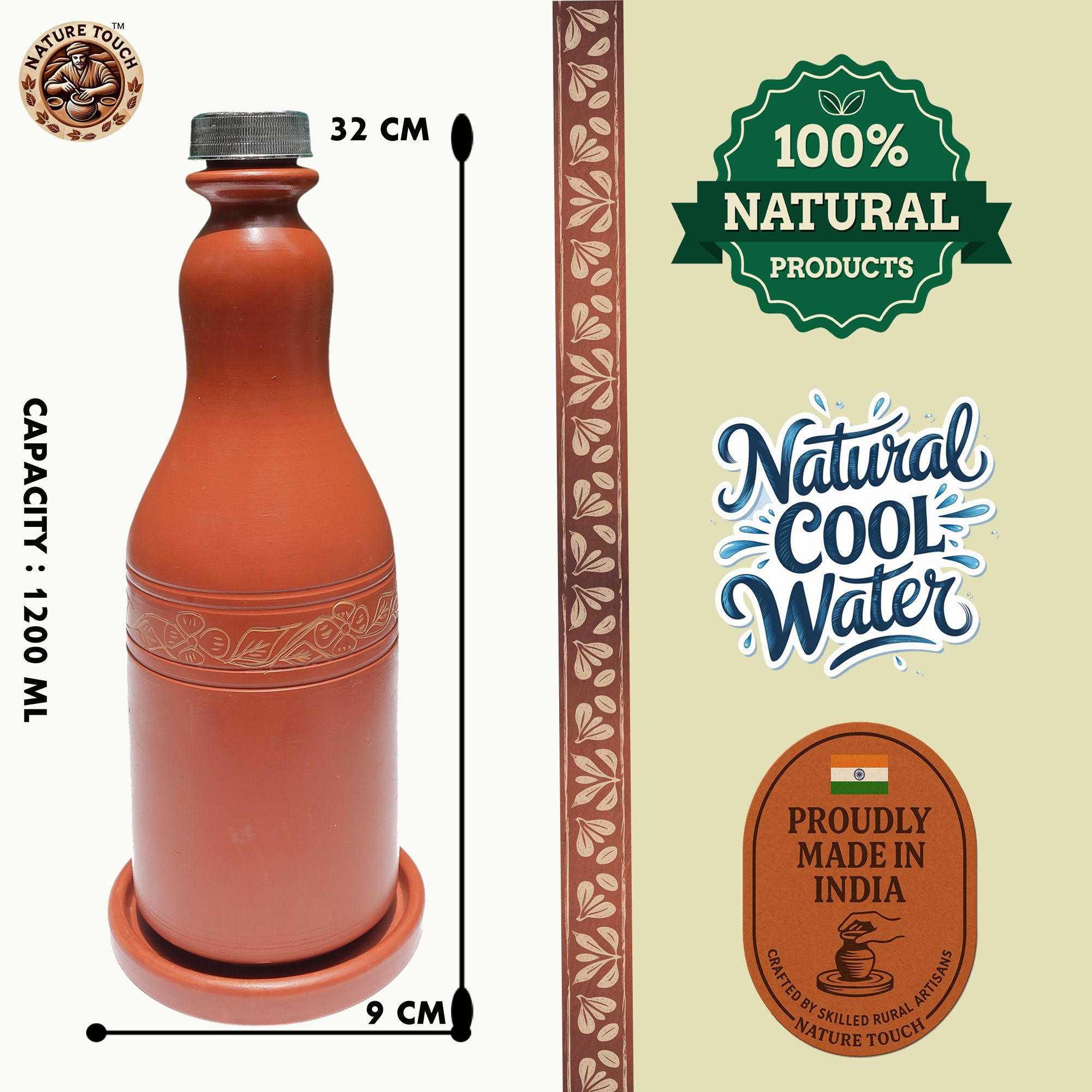 Nature Touch Earthen Clay Water Bottle  Handcrafted Terracotta for Cool Drinking Water