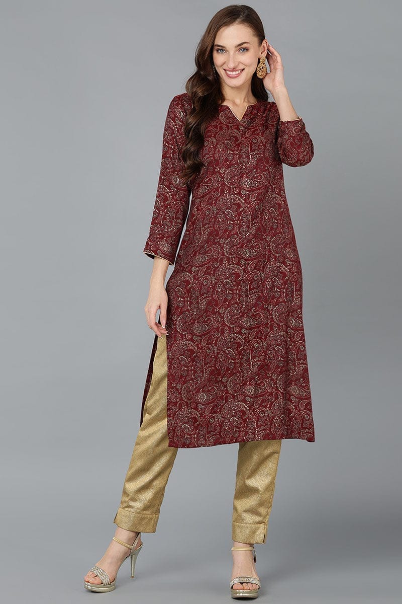 Maroon Silk Blend Paisley Straight Kurta VCK9032