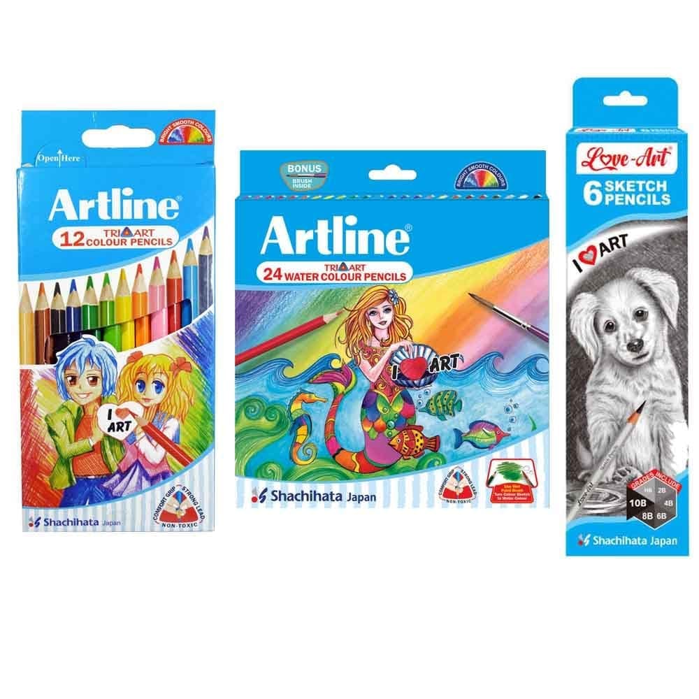 Artline Combo Pack of Tri-Art Color Pencils Set 12, Sketch Pencil Set 6, Tri-Water Color Pencil Pack 24