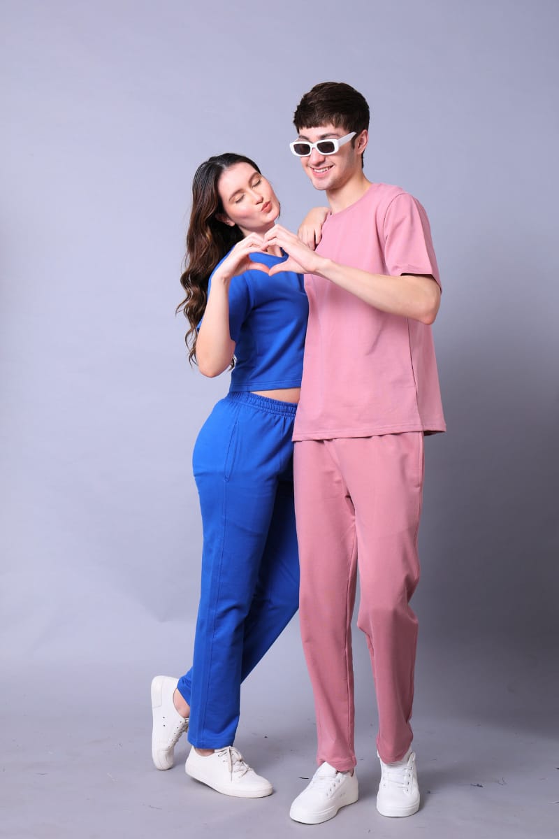 Royal Blue & Fuchsia Pink Couple Co-Ord Set – Crop Top & Oversized Tee with Joggers (Pack of 2)