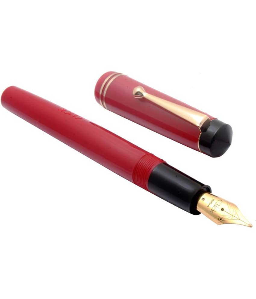 Srpc Click Aristocat Acrylic Red Fountain Pen With Broad Nib 3in1 Ink Filling System Golden Trims