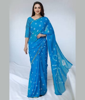 VIOUR Chiffon Dyed Bandhani Sarees With Unstitched Blouse Piece ( Sky Blue )