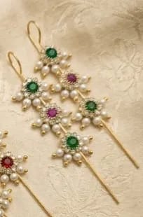 Emerald Bloom Long Earrings - green and pink