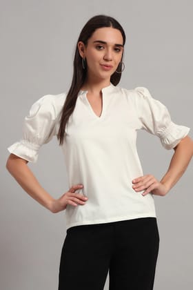 The Split Collar Classic Top, White-XS