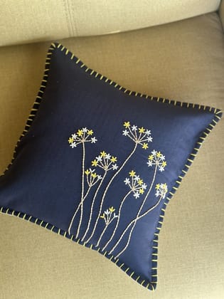 KRI India Bloom Navy Wind in the Flowers Cushion Cover|16x16 inches | Navy with yellow and ivory floral embroidery  | Wash & Care | 100% Cotton | Handcrafted in India. 100% organic & natural.