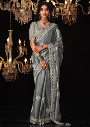 Silver Grey Woven Embroidered Designer Tissue Silk Saree