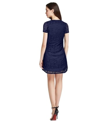 Women's Rasal Solid Round Neck Cap Sleeve Dresses (Blue, L)-PID56846