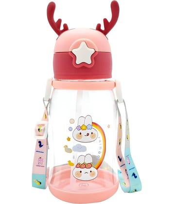 Radhe Fashion Cartoon Water Bottle with Straw Multicolour Plastic School Water Bottle 600 mL ( Set of 1 )
