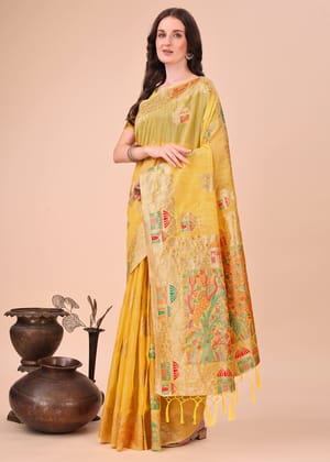 Blazing Yellow Woven Linen Cotton Silk Saree