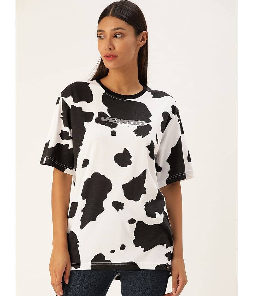 JUNEBERRY Women Cotton Printed Oversized Fit Round Neck T-Shirt ( White )