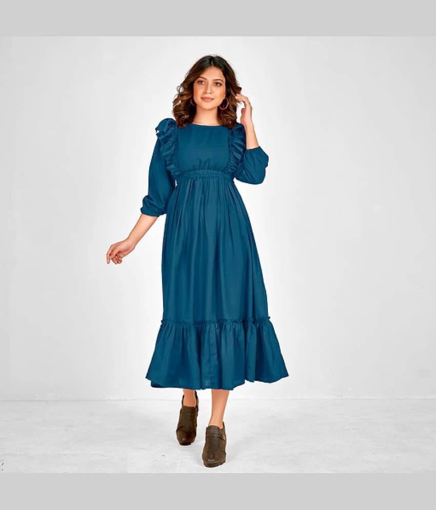 Femvy Women Polyester Solid Fit & Flare Dress ( Blue )