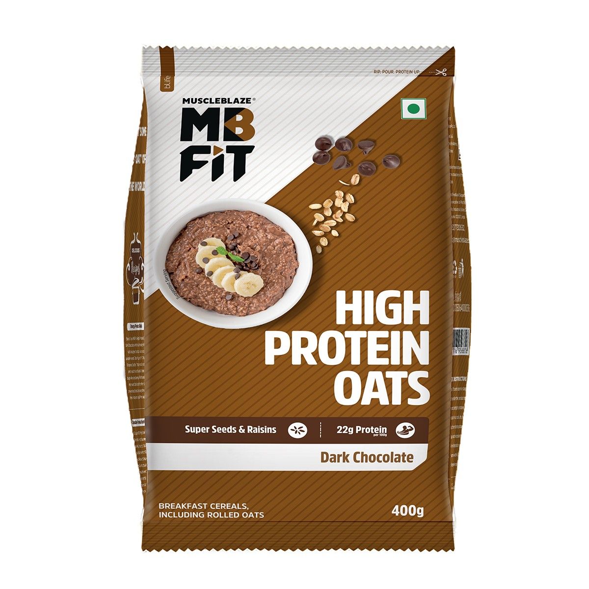 MuscleBlaze Fit High Protein Oats (Dark Chocolate, 400g) 22g Protein, Breakfast Cereals for Weight Management