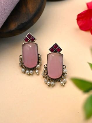 German Silver Monalisa Stud Earrings with Pearl Drops Elegance | Sarichka-Pink+Red