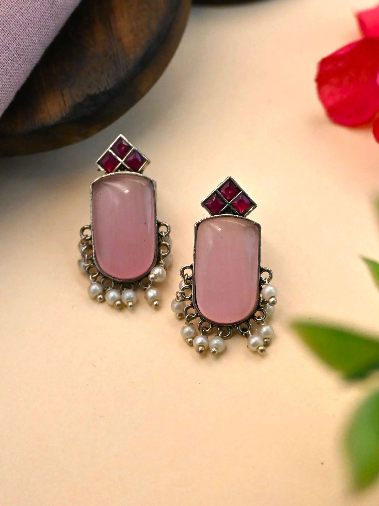 German Silver Monalisa Stud Earrings with Pearl Drops Elegance | Sarichka-Pink+Red