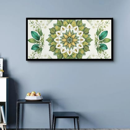 Luminary Botanical Harmony Mandala Artworks Museum-Quality Cotton Canvas Paintings for Living Room Décor | Frame Size (127 X 69 Cm) | Frame Type (Black) | 5-Year Warranty