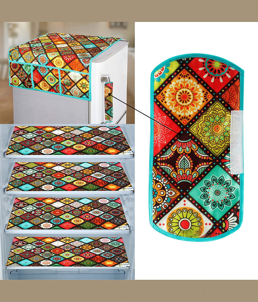 Crosmo Polyester Abstract Fridge Mat & Cover ( 64 18 ) Pack of 6 - Multicolor