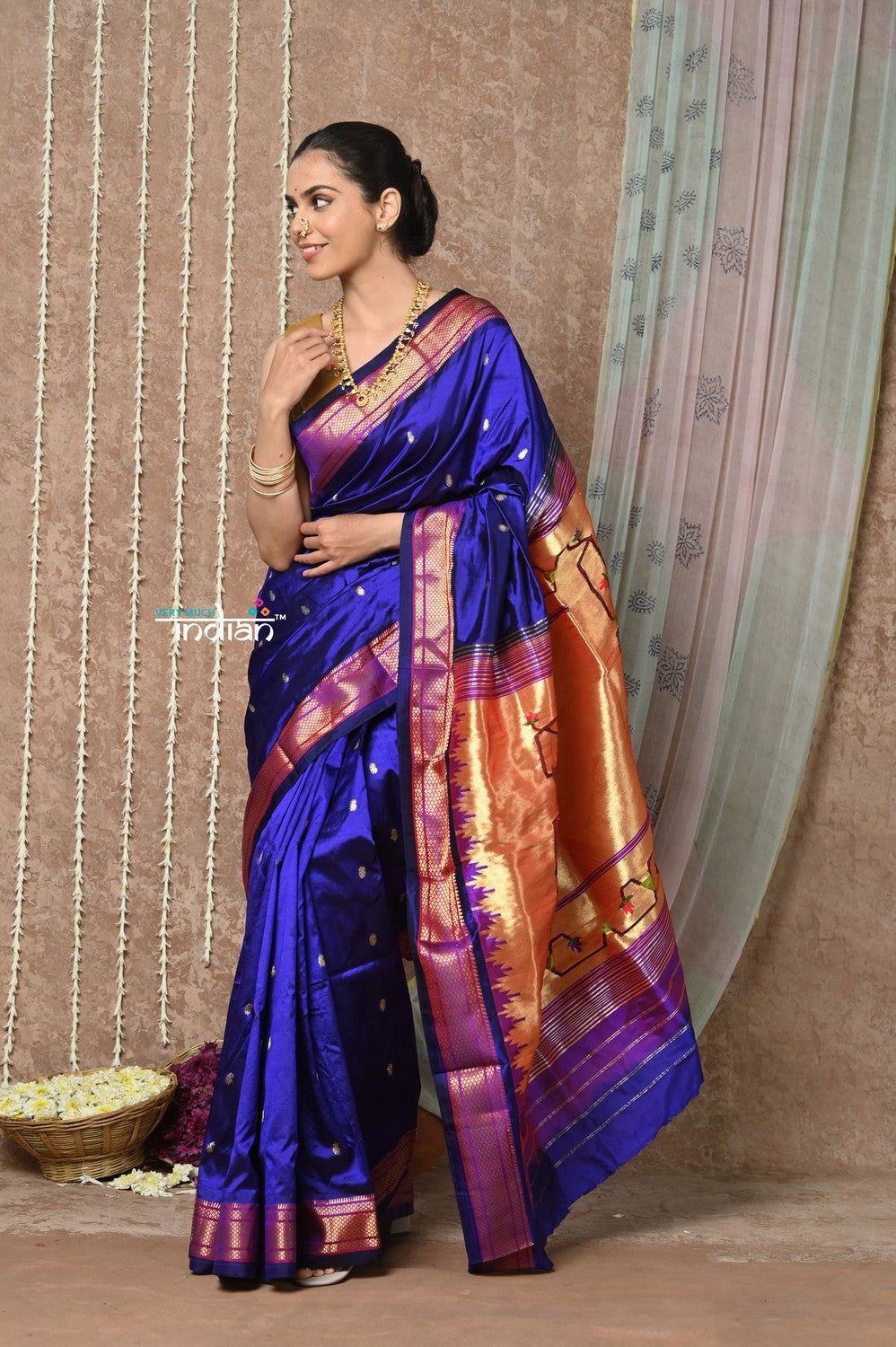 Tyohaar ~ Signature Weave! Handloom Pure Silk Paithani Saree with Traditional Floral Hasthkala Pallu ~ Royal Blue