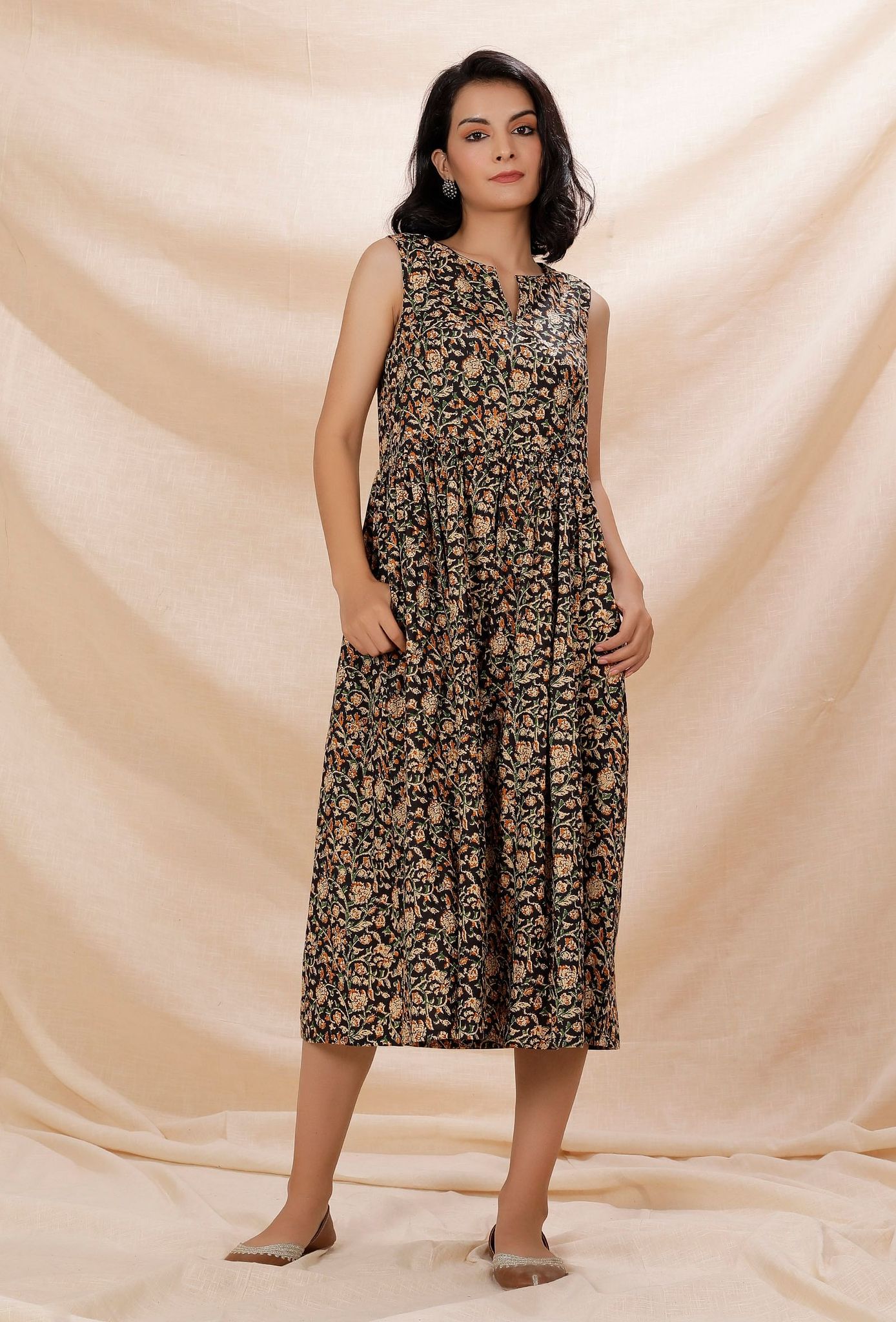 Black Kalamkari Gathered And Flared Cotton Dress-XS