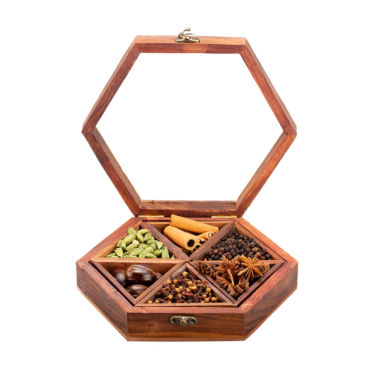 Kerala Spices Wooden Masala Box For Kitchen Spice Box Container 6 in 1 Masala Dabbab Spices Gift Hamper