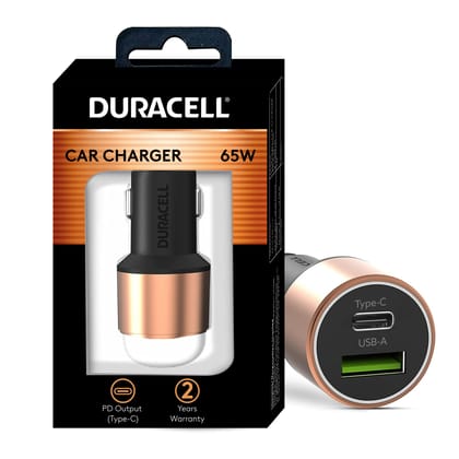 Duracell 65W Fast Car Charger Adapter with Dual Output. Quick Charge, Type C PD 45W & Qualcomm Certified 3.0 20W, Compatible for iPhone, All Smartphones, Tablets & More (Copper & Black)