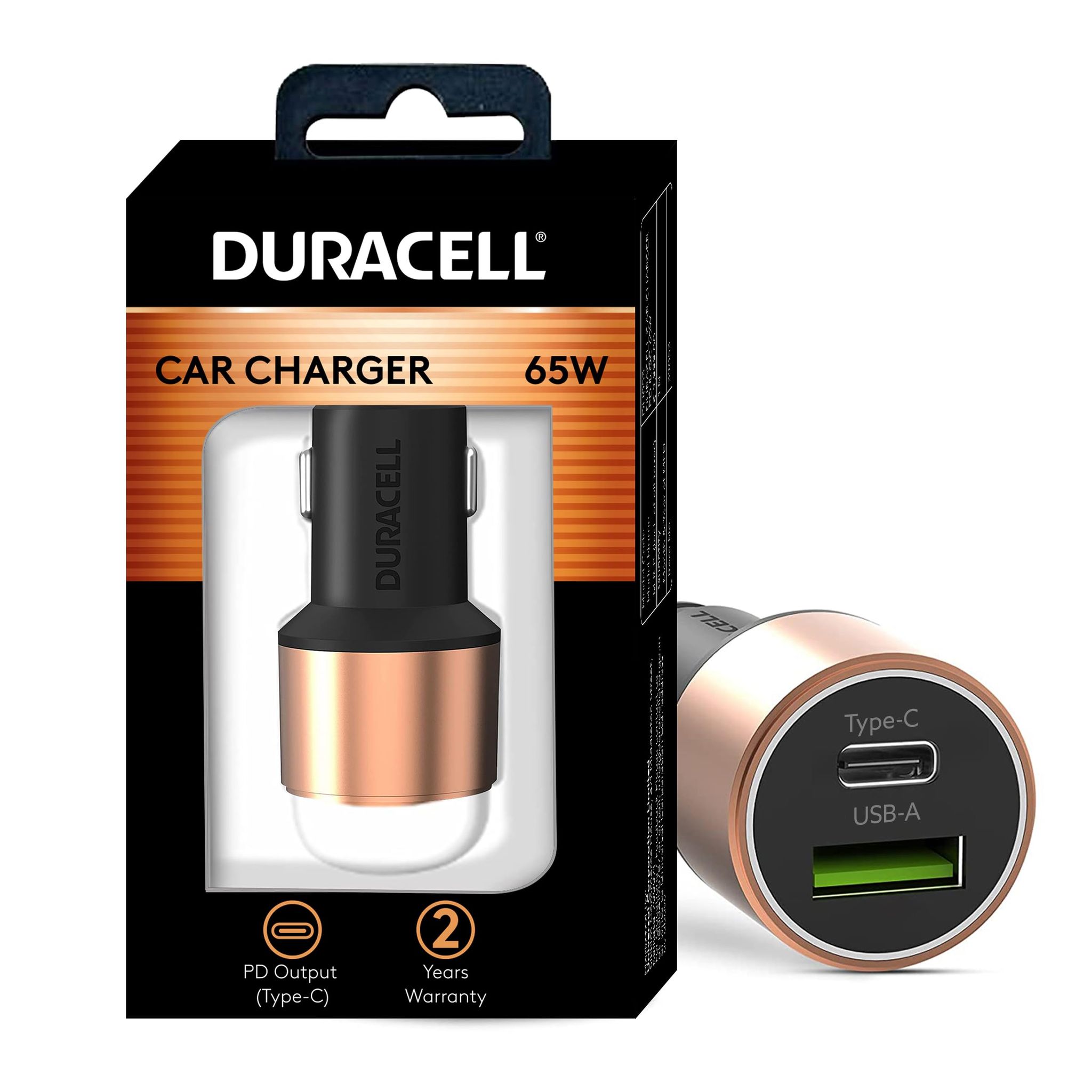 Duracell 65W Fast Car Charger Adapter with Dual Output. Quick Charge, Type C PD 45W & Qualcomm Certified 3.0 20W, Compatible for iPhone, All Smartphones, Tablets & More (Copper & Black)
