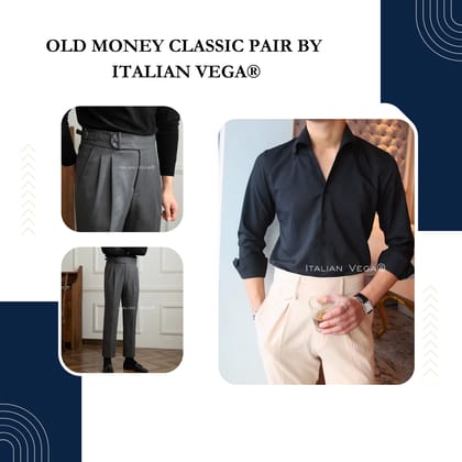 Old Money Black Shirt with Grey Herringbone Signature Buttoned Gurkha Pant by ITALIAN VEGA®-M / 28