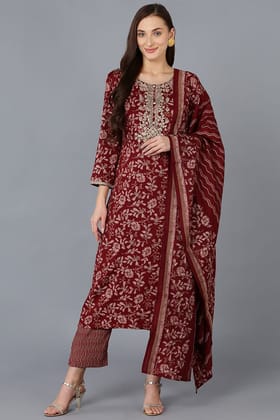 Maroon Silk Blend Floral Straight Kurta Trousers With Dupatta PKSKD1744