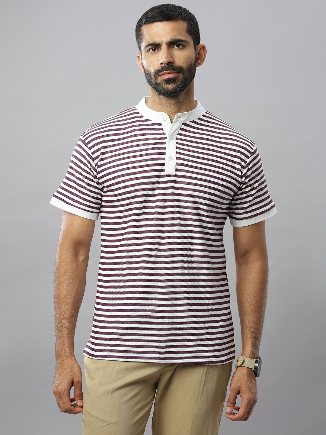 Wine Crossknit Henley T-Shirt-M