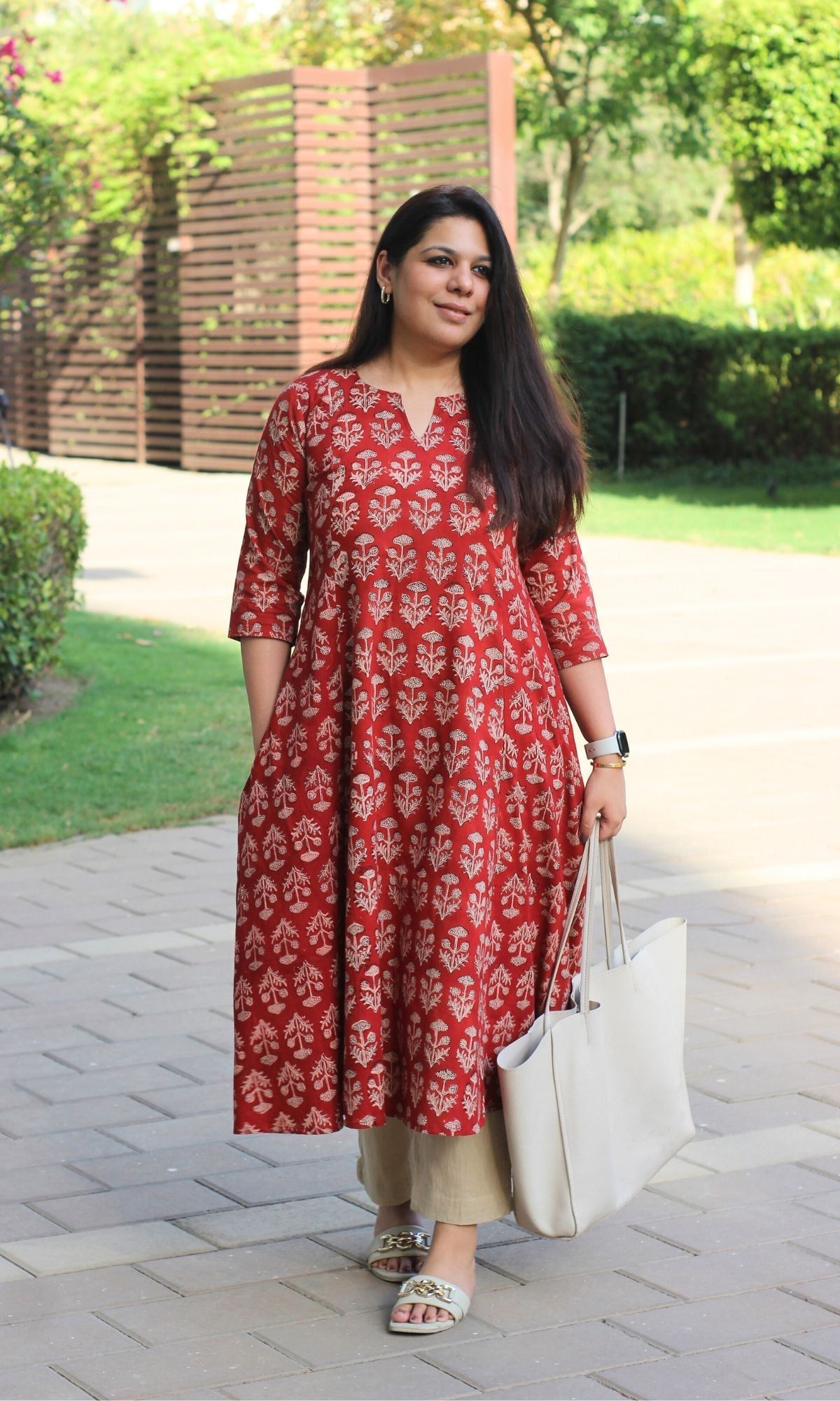 Cotton Red Ajrakh Print Kali Kurta-XXS