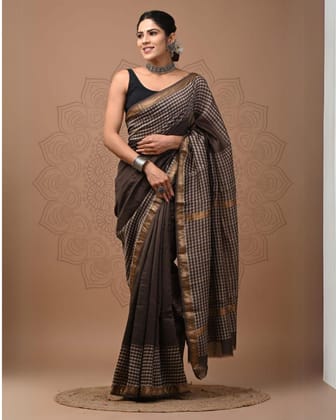 Dynamic Maheshwari Pure Silk Brown Saree Blockprint